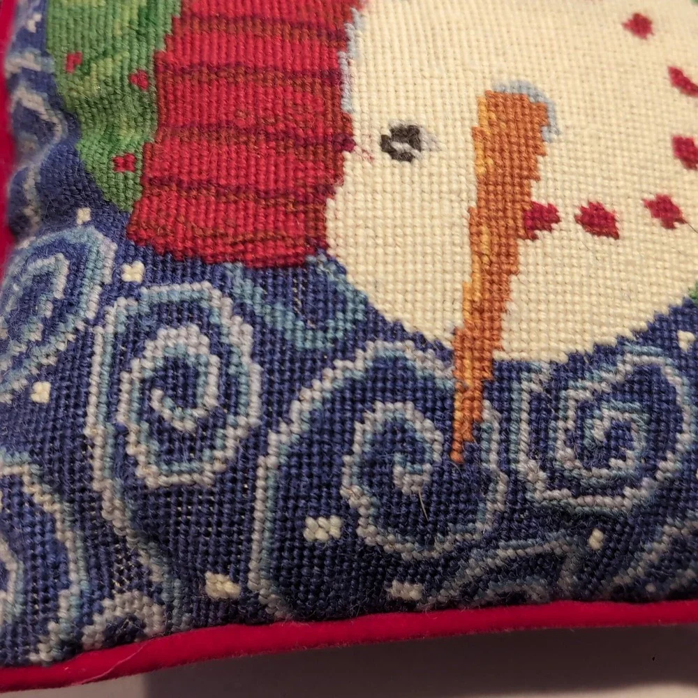 Vintage Needlepoint Snowman Decorative Throw Pillow 8x8 Blue Red Velvet Back